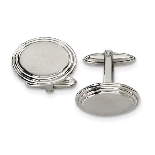 Stainless Steel Brushed Polished Cuff Links, 15mm x 21mm oval, Engravable Barnes Jewelers Goldsboro, NC