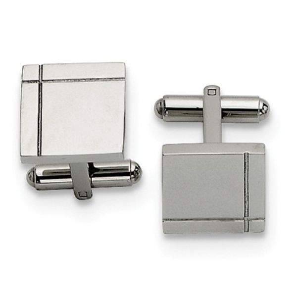 Stainless Steel Polished Square Cuff Links, Lined, 16mm x15mm,  Engravable. Barnes Jewelers Goldsboro, NC