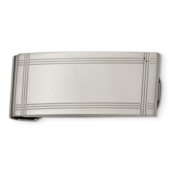 Stainless Steel Polished and Grooved Money Clip, 50mm x 21mm, Engravable. Barnes Jewelers Goldsboro, NC