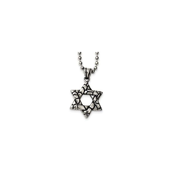 Stainless Steel Antiqued & Polished Star of David pendant , 28mm x 24mm Pebbled textured  Star of David, Bead Chain 24