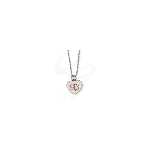 Chisel Stainless Steel Necklace w/Red Medical Alert Heart Pendant 28mm x 24mm , 1mm Bead Chain=  22