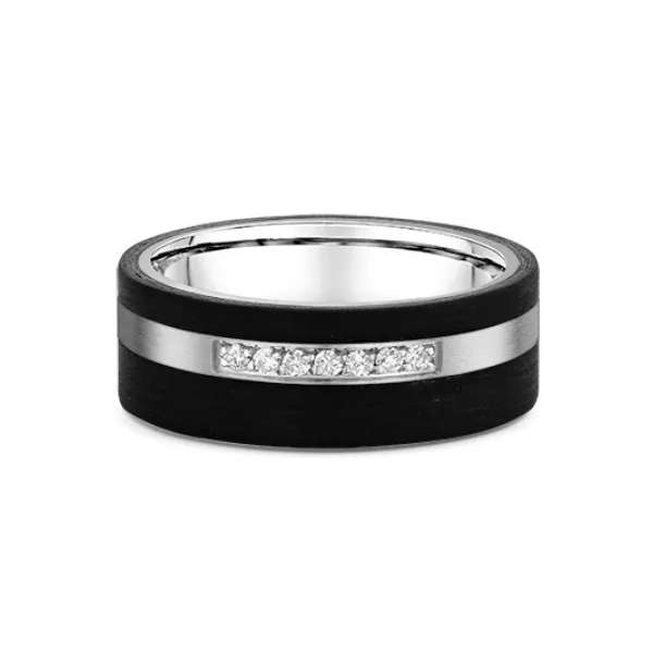 Mens 14k White Gold and Carbon Fiber Diamond Band Baxter's Fine Jewelry Warwick, RI