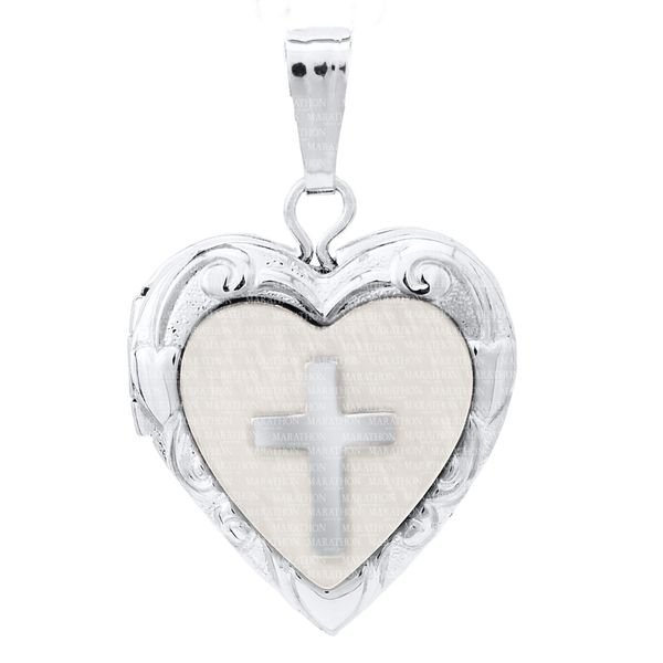 Children's Sterling Silver Heart Locket With Mother Of Pearl And Cross Blocher Jewelers Ellwood City, PA