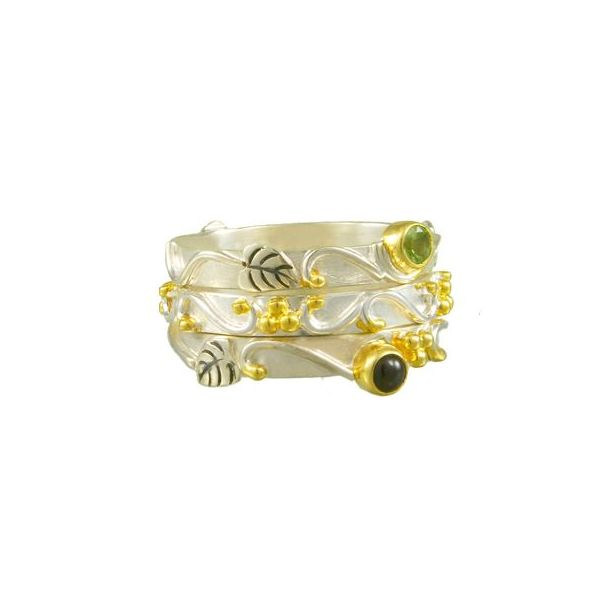 Silver & 22 Karat Yellow Gold Rings with Rhodolite Garnet and Peridot Bluestone Jewelry Tahoe City, CA