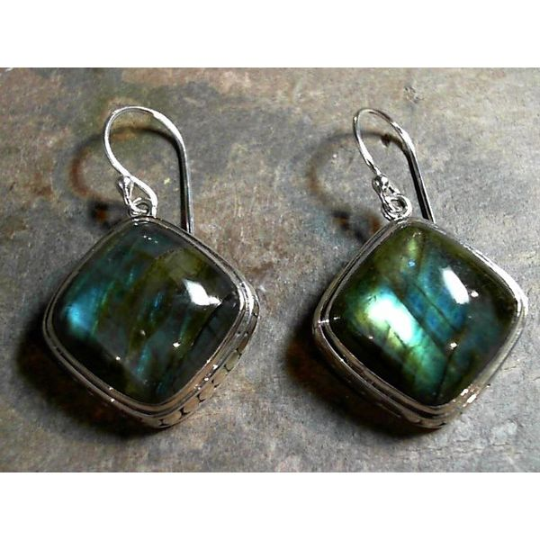 Sterling Silver Wire Earrings with Two Square Cut Labradorites Bluestone Jewelry Tahoe City, CA