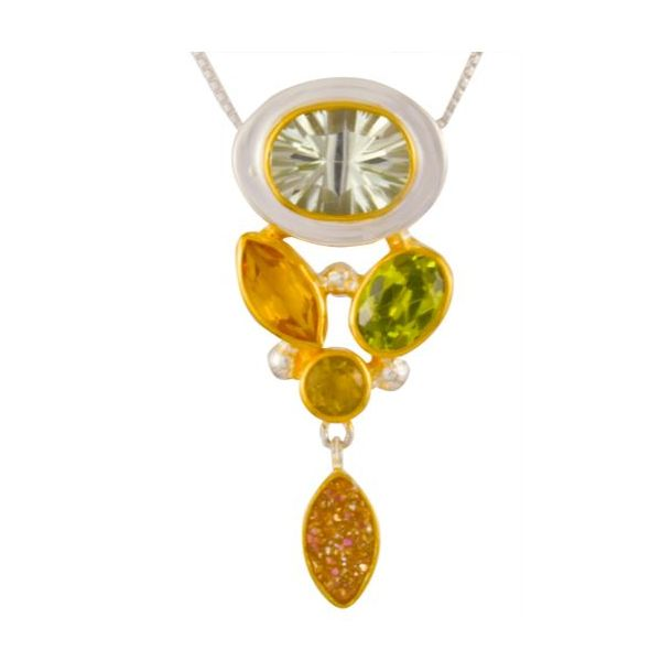 Silver and 22 Karat Yellow Gold Pendant with Green Amethyst, Champagne Druzy, Peridot, Citrine, and Champagne Quartz Bluestone Jewelry Tahoe City, CA