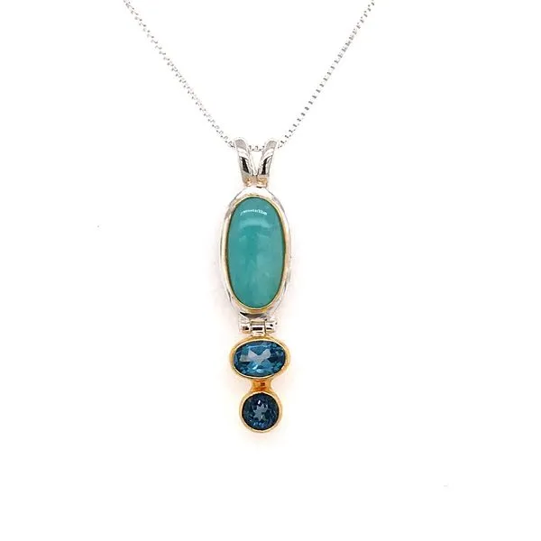 Silver & Gold Pendant w/Amezonite & Topaz and Chain Bluestone Jewelry Tahoe City, CA