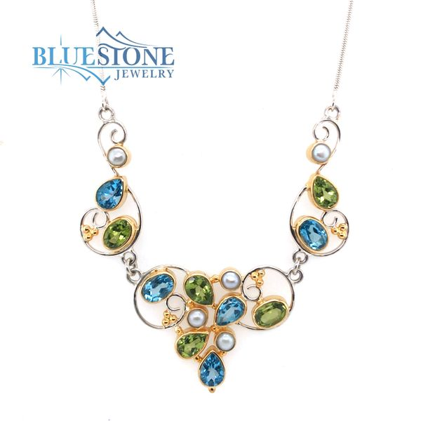 Silver & Gold Necklace with Pearls, Blue Topaz & Peridots Bluestone Jewelry Tahoe City, CA