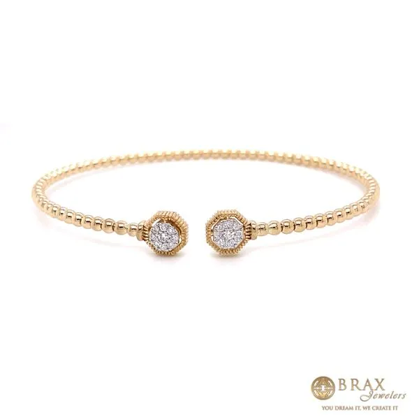 14 Karat Yellow Gold Bujukan Split Cuff Bracelet with Diamond Pavé Hexagon Caps, Length 6.25 Inches, 0.10ctw Round Diamonds, Serial Number S1564475 - Brax Jewelers Newport Beach, CA