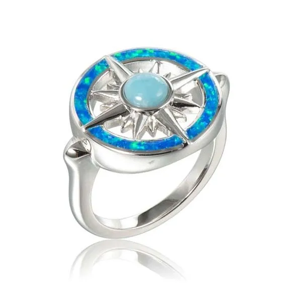 SS 925 Larimar Ring Sun Compass Design with Opal Charles Frederick Jewelers Chelmsford, MA