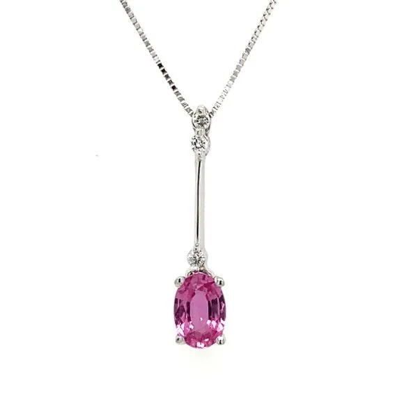 14K White Gold Oval Pink Sapphire And Diamond Accent Drop On Cable Chain Necklace Classic Creations In Diamonds & Gold Venice, FL