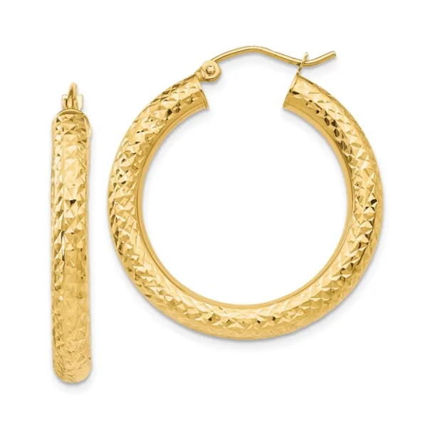 14K Yellow Gold Diamond-Cut 4mm Round Hoop Earrings Classic Creations In Diamonds & Gold Venice, FL