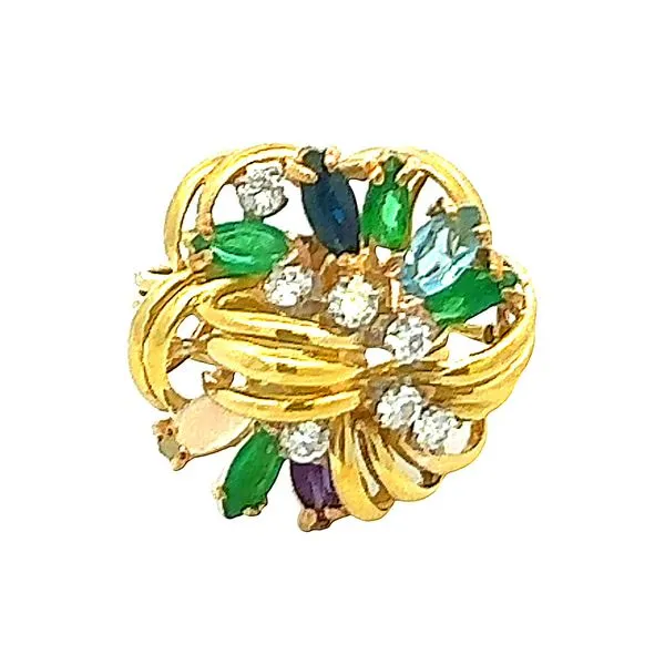 18K Yellow Gold Cluster Diamond, Emerald, Sapphire, Amethyst, Aquamarine, Opal And Diamond Estate Ring Classic Creations In Diamonds & Gold Venice, FL