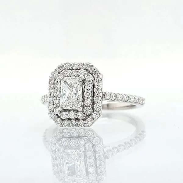 Platinum Double Halo Elongated Radiant Diamond Engagement Ring Image 2 Skaneateles Jewelry Skaneateles, NY