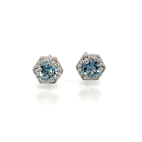 Hexagon Halo Aquamarine & Diamond Earrings Skaneateles Jewelry Skaneateles, NY