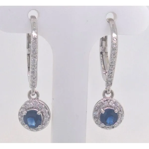 14K WG One Carat TGW Sapphire & Diamond Halo Leverback Drop Earrings Skaneateles Jewelry Skaneateles, NY