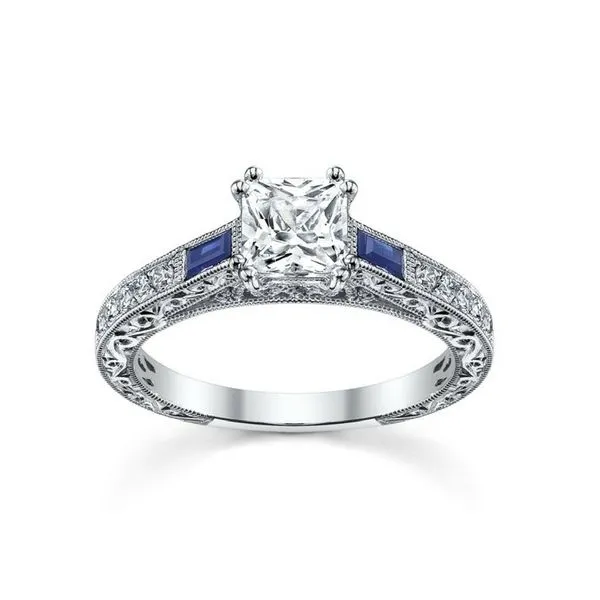 18k white gold baguette sapphire and round diamond semi-mt