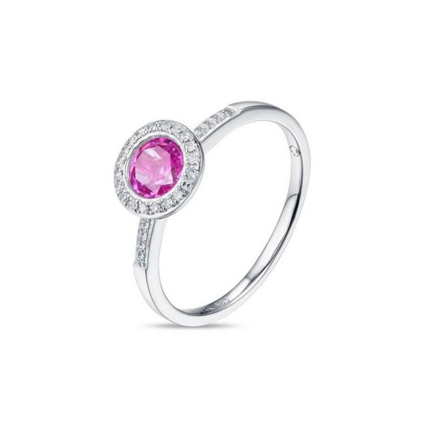 14K Gold Pink Corundum & Diamond Halo Ring Confer’s Jewelers Bellefonte, PA