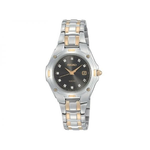 Ladies two tone seiko watch with gray face and crystal dial