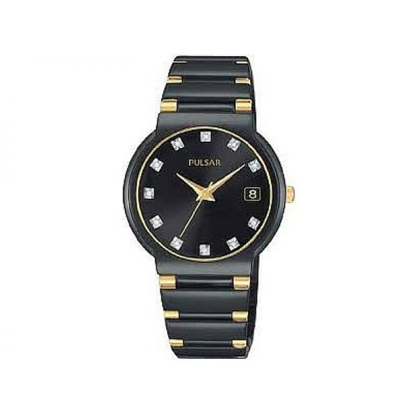 Gents black and gold swavorski crystal dial pulsar watch