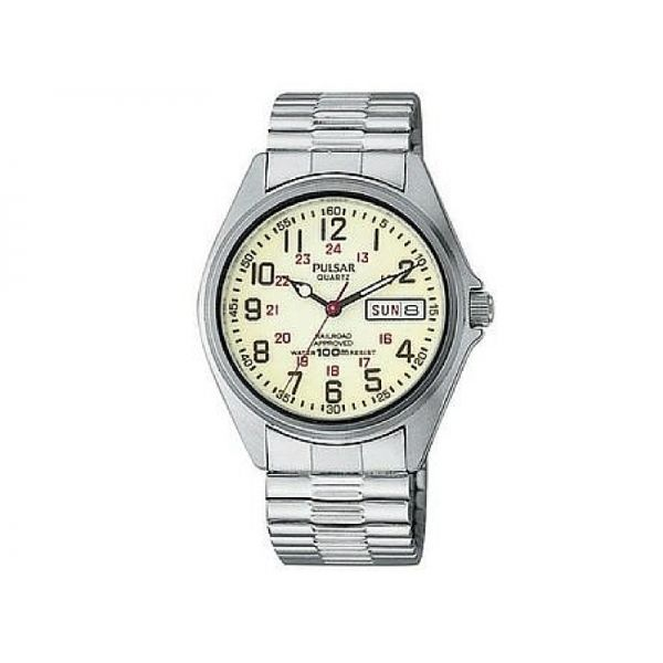 Gents Seiko Glow Face Silver Tone Rail Road Approved Expansion Band Watch With Day And Date