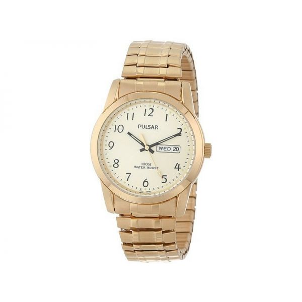 Gold Tone Expansion Band Pulsar Watch With Day And Date