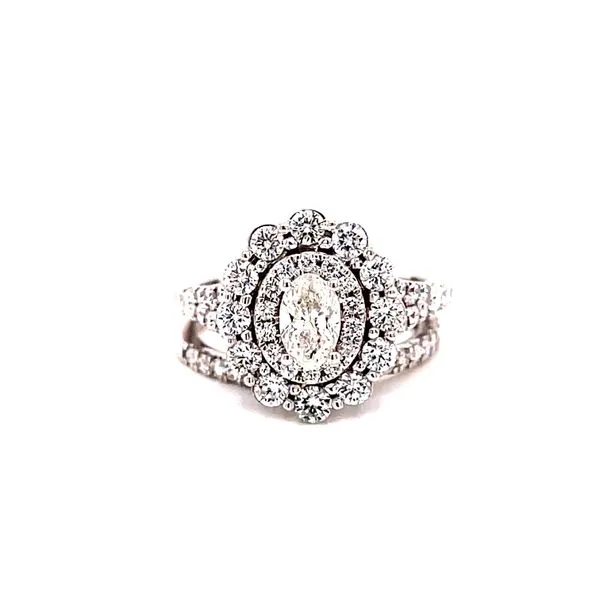 14 Karat White Gold Oval Cut Center Stone with Double Diamond Halo and Diamond Shank Engagement Ring with Matching Diamond Band Image 3 Corinth Jewelers Corinth, MS