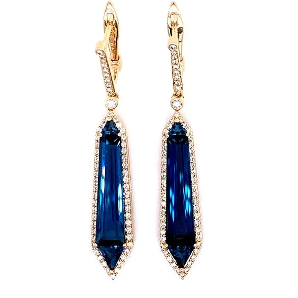 14 Karat Yellow Gold Blue London Topaz and Diamond Drop Earrings Corinth Jewelers Corinth, MS