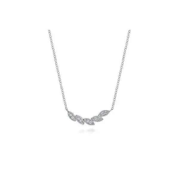 Gabriel & Co. 14K White Gold Diamond Leaf Curved Bar Necklace Diamond Showcase Longview, WA