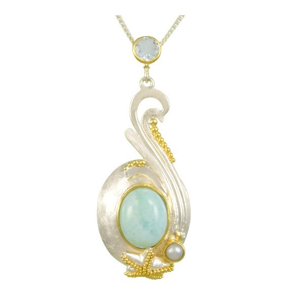 Sterling Silver Larimar, Blue Topaz And Pearl Wave Pendant Dickinson Jewelers Dunkirk, MD