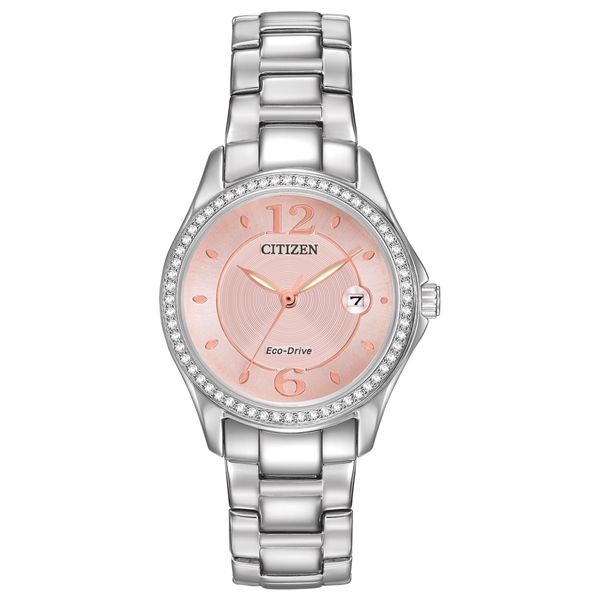 Citizen Silhouette Crystal Eco-Drive Watch with Swarovski Crystals Stainless Steel Case and Bracelet Pink Face and Date 5 Year W Doland Jewelers, Inc. Dubuque, IA