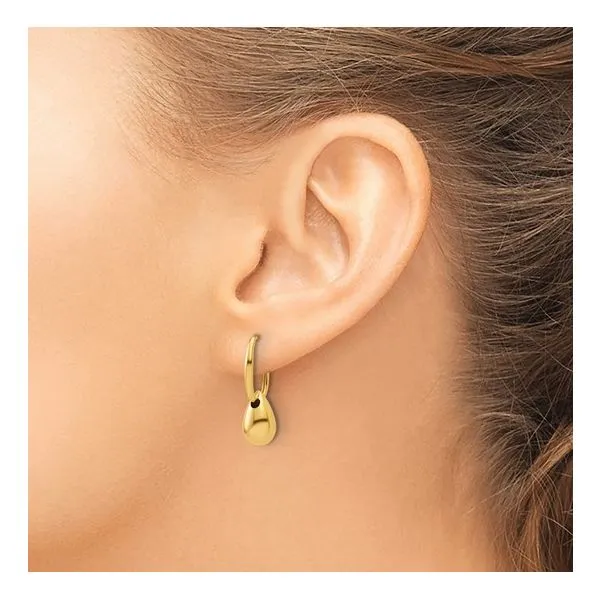 14KY Gold Polished Oval Hinged Hoops with Bead Dangle Image 2 Franzetti Jewelers Austin, TX