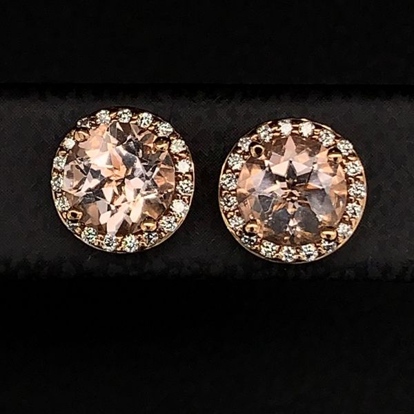 Morganite and Diamond Halo Earrings Image 2 Geralds Jewelry Oak Harbor, WA