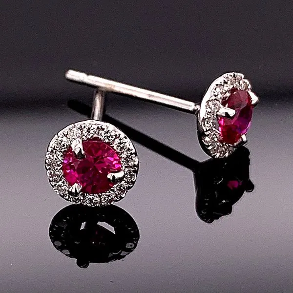 Ruby and Diamond Halo Earrings Image 2 Geralds Jewelry Oak Harbor, WA