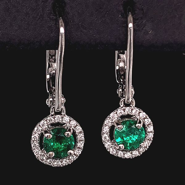 18K White Gold, Emerald And Diamond Dangle Earrings Geralds Jewelry Oak Harbor, WA