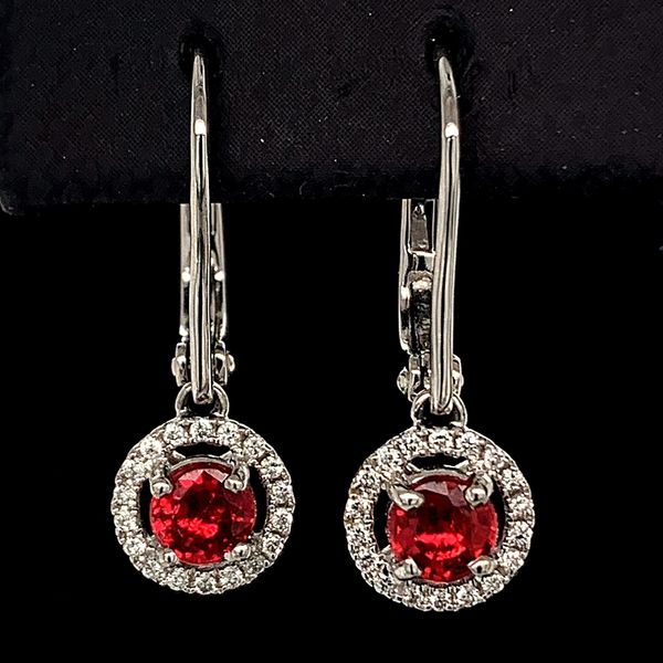 Fire Ruby And Diamond Halo Style Dangle Earrings Geralds Jewelry Oak Harbor, WA