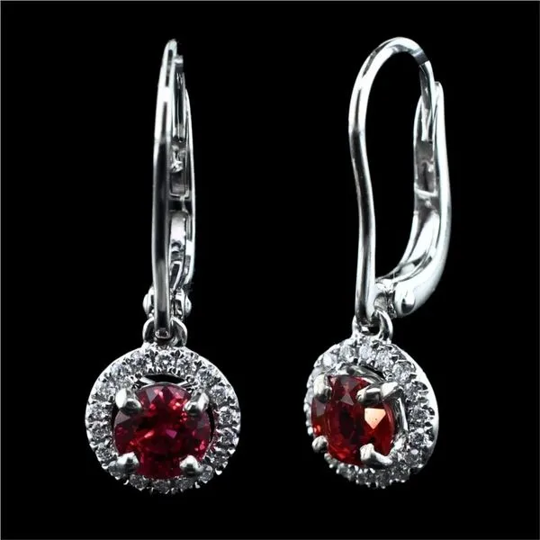 Fire Ruby And Diamond Halo Style Dangle Earrings Geralds Jewelry Oak Harbor, WA