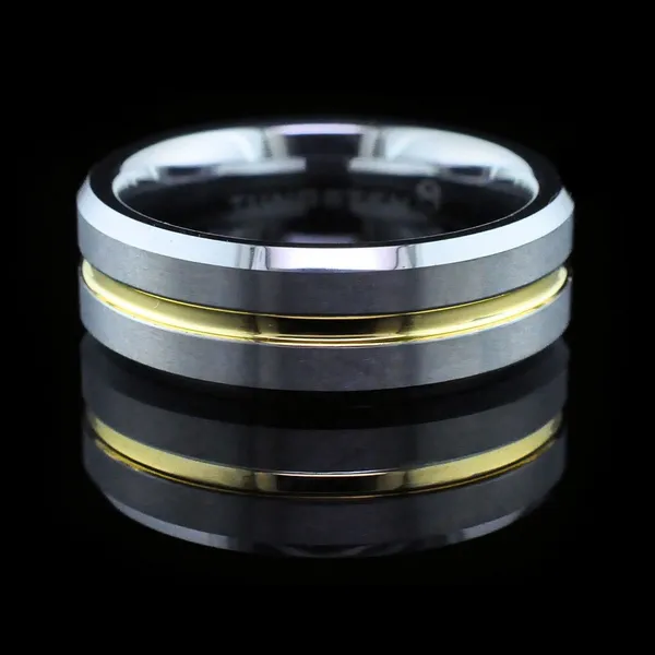 Tungsten Band With Beveled Edges And Thin Yellow Line Geralds Jewelry Oak Harbor, WA