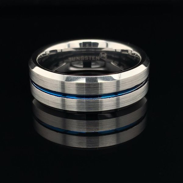 Tungsten Band With Beveled Edged and Thin Blue Line Geralds Jewelry Oak Harbor, WA