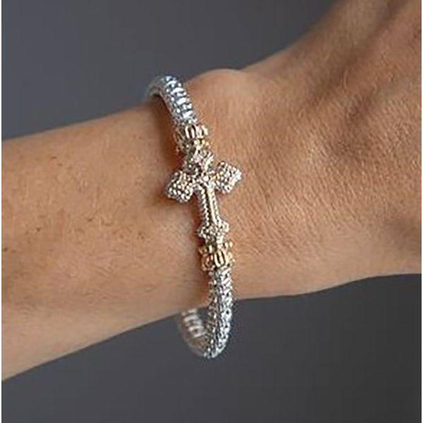 STERLING SILVER & 14 KARAT YELLOW GOLD 0.10 CARAT DIAMOND VAHAN CROSS BRACELET Image 2 Goldstein's Jewelers Mobile, AL