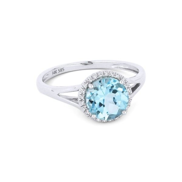 Blue topaz halo ring Hingham Jewelers Hingham, MA