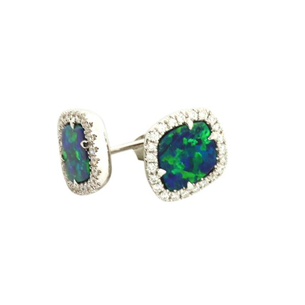 Iridescent Australian Opal and Diamond Halo-style Stud Earrings Holliday Jewelry Klamath Falls, OR