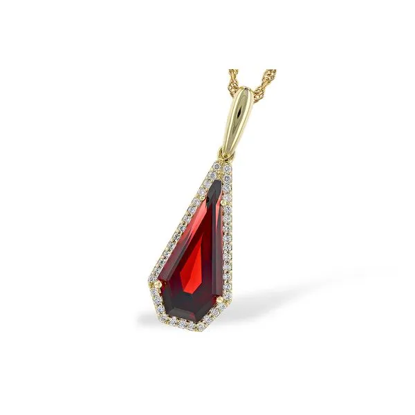 Allison Kaufman 14 karat yellow gold pendant with fancy garnet and diamonds. Holliday Jewelry Klamath Falls, OR