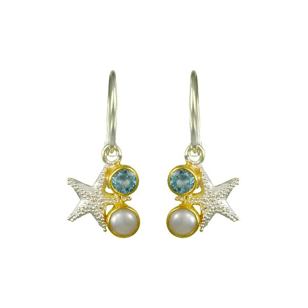 Sterling silver starfish earrings with blue topaz and pearl. Holliday Jewelry Klamath Falls, OR