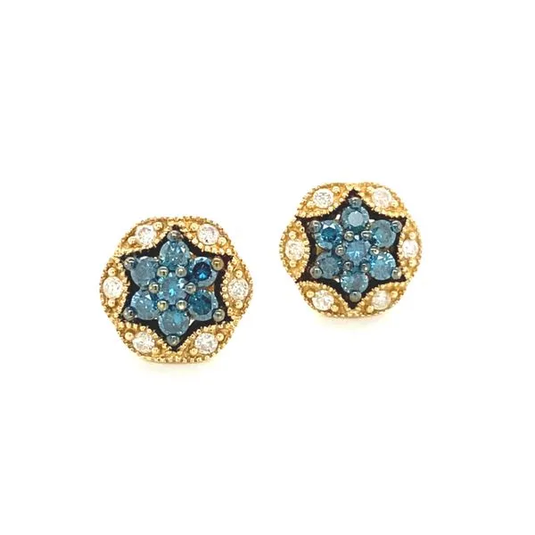 14K Yellow Gold Blue and White Diamond Cluster Earrings Jaymark Jewelers Cold Spring, NY