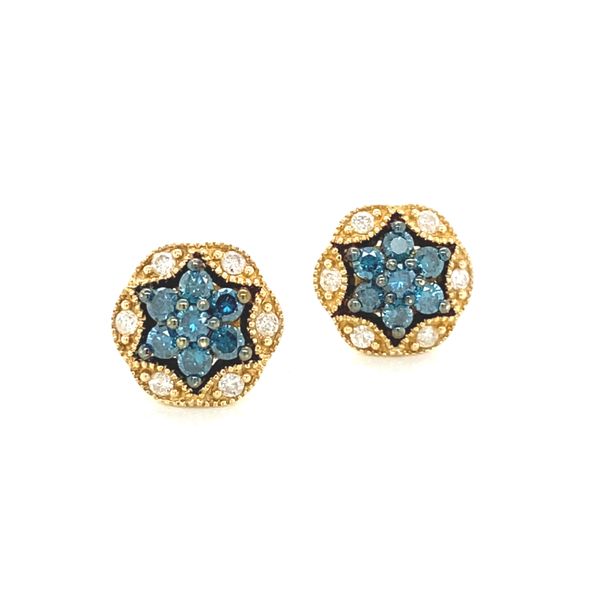 14K Yellow Gold Blue and White Diamond Cluster Earrings Jaymark Jewelers Cold Spring, NY