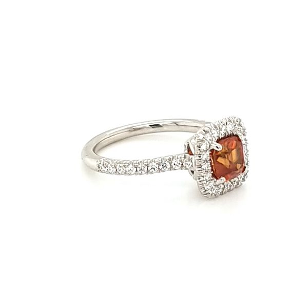 Platinum natural orange sapphire and diamond halo ring Image 2 Jaymark Jewelers Cold Spring, NY