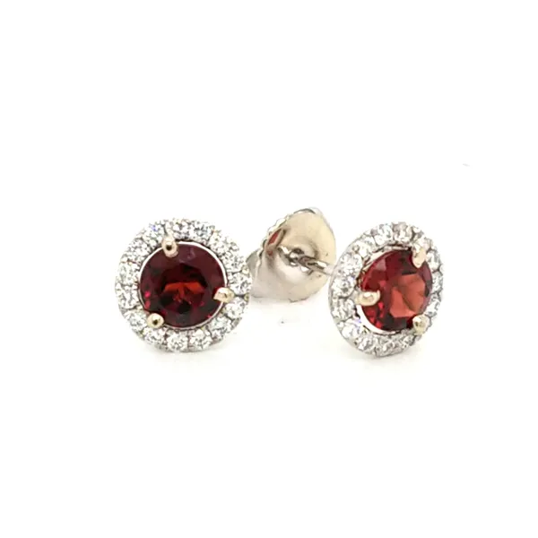 14K White Gold Garnet and Diamond Halo Stud Earrings Image 2 Jaymark Jewelers Cold Spring, NY