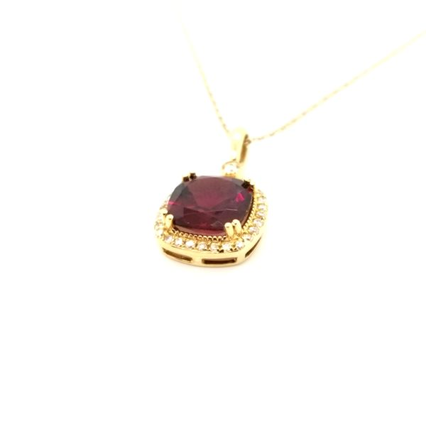 14k yellow gold Rhodolite Garnet and Diamond pendant Image 2 Jaymark Jewelers Cold Spring, NY