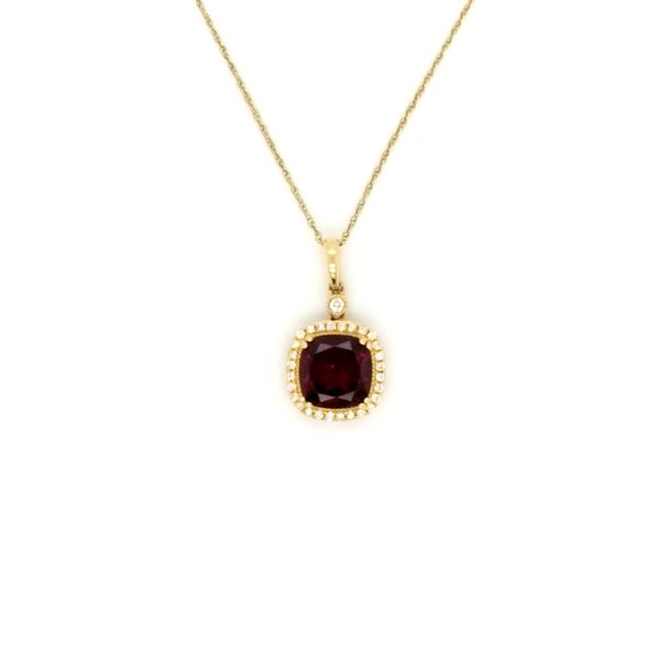 14k yellow gold Rhodolite Garnet and Diamond pendant Jaymark Jewelers Cold Spring, NY